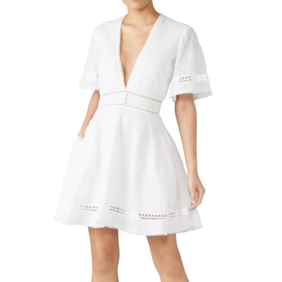 Jonathan Simkhai Dress‎ Women 0 White Embroidery V Neck Eyelet Mini Cotton - Picture 1 of 12